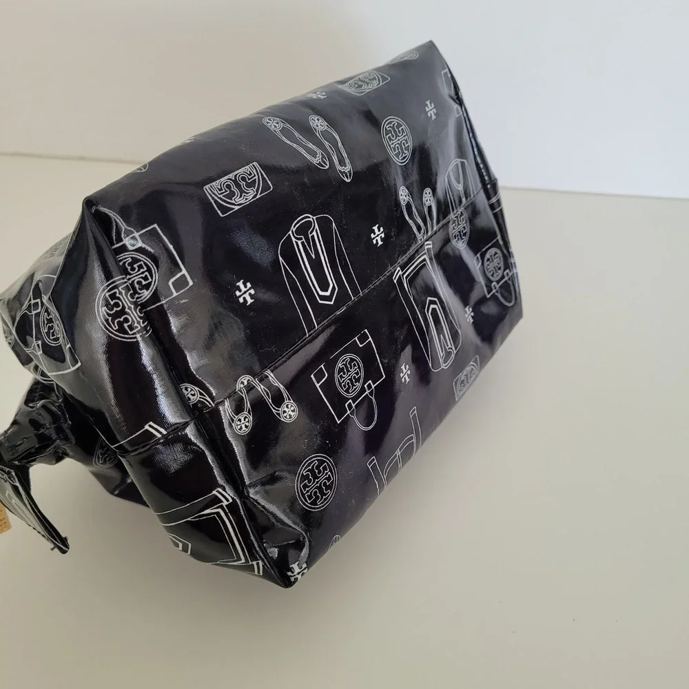 Tory Burch Navy Blue Patent Illustrative Print Cosmetic Bag Makeup Case Gold Log